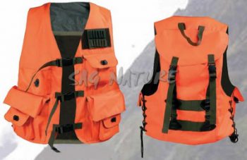 1709028 - GILET TECNICO ARANCIO PER CINGHIALAI O BECCACCIAI CON 6 TASCHE IMPERMEABILI, REGOLAZIONE ANTERIORI E LATERALI,ZAINO CHIUDIBILE SULLA SCHIENA