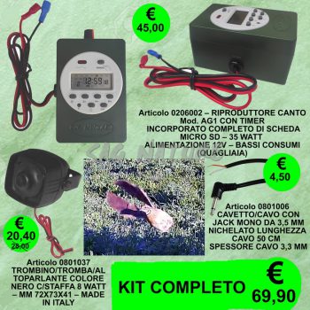 0206007 - KIT QUAGLIAIA (QUAGLIA) RIPRODUTTORE CANTO  AG1 CON TIMER INCORPORATO  CON SCHEDA MICRO SD - 35 WATT + ALTOPARLANTE 0801037 + JACK 0801006